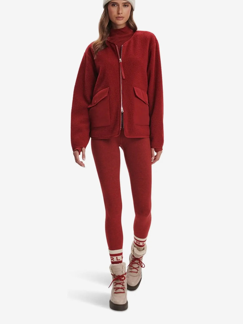 Varley Marina Collarless Fleece Jacket size Medium Red Dahlia